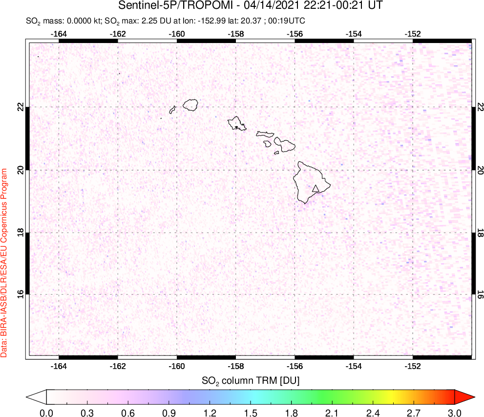A sulfur dioxide image over Hawaii, USA on Apr 14, 2021.