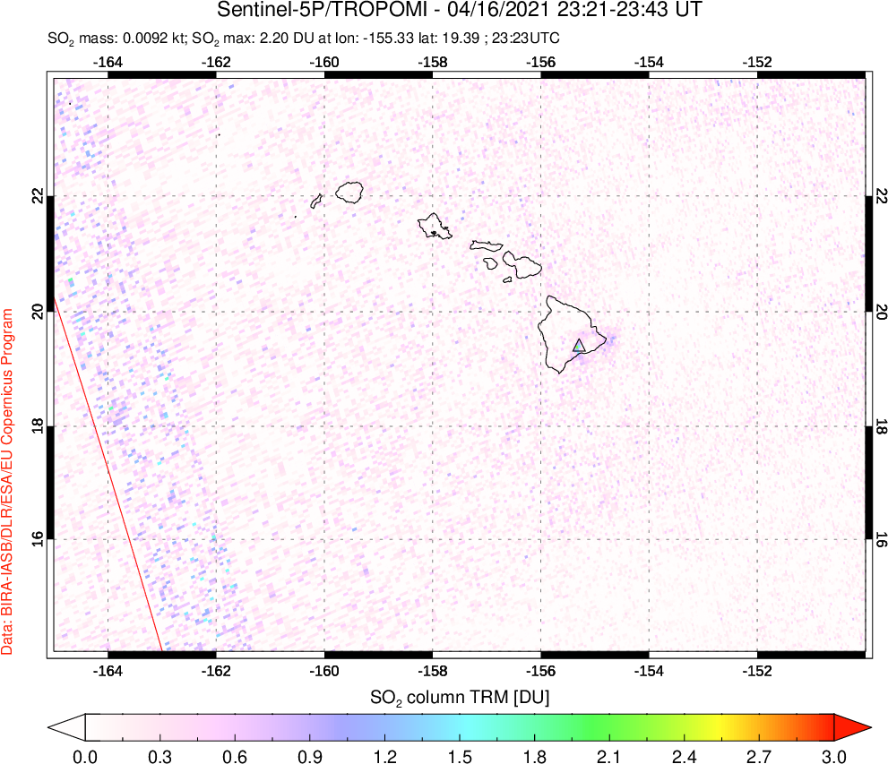 A sulfur dioxide image over Hawaii, USA on Apr 16, 2021.