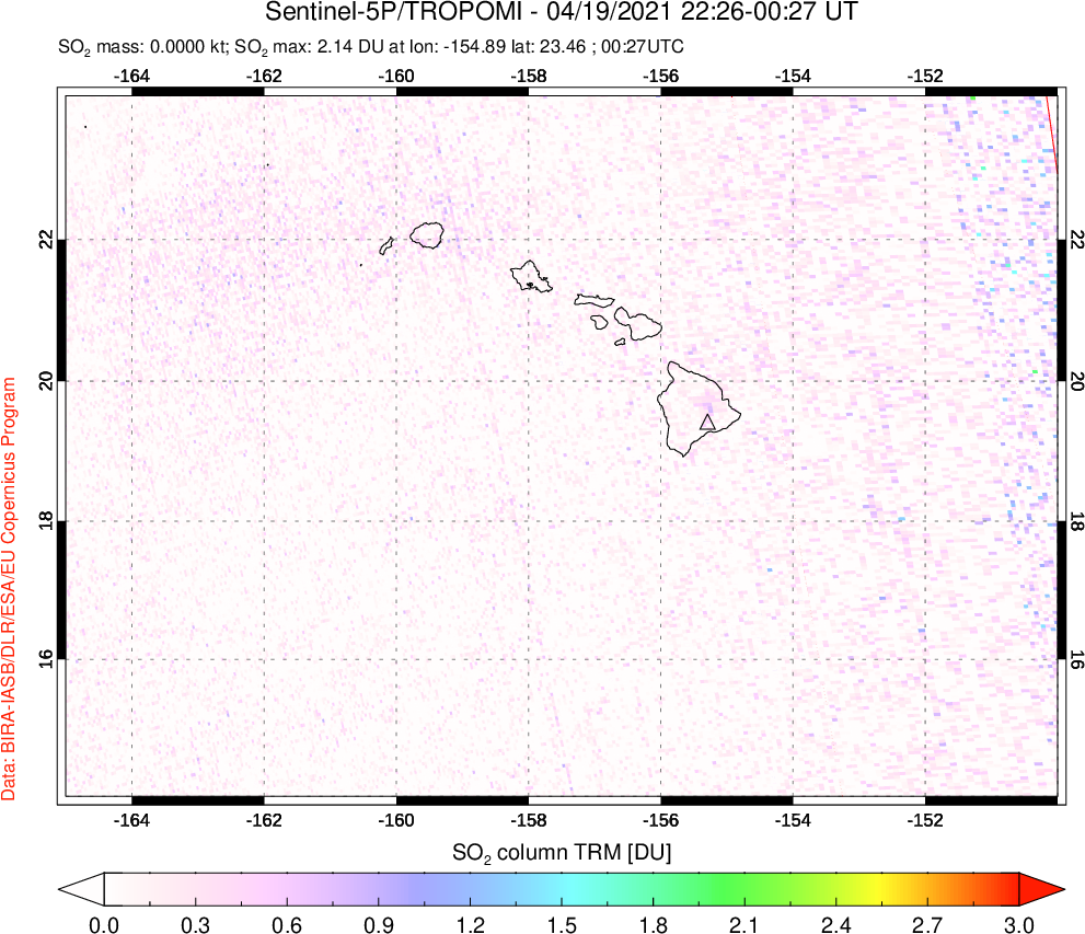 A sulfur dioxide image over Hawaii, USA on Apr 19, 2021.