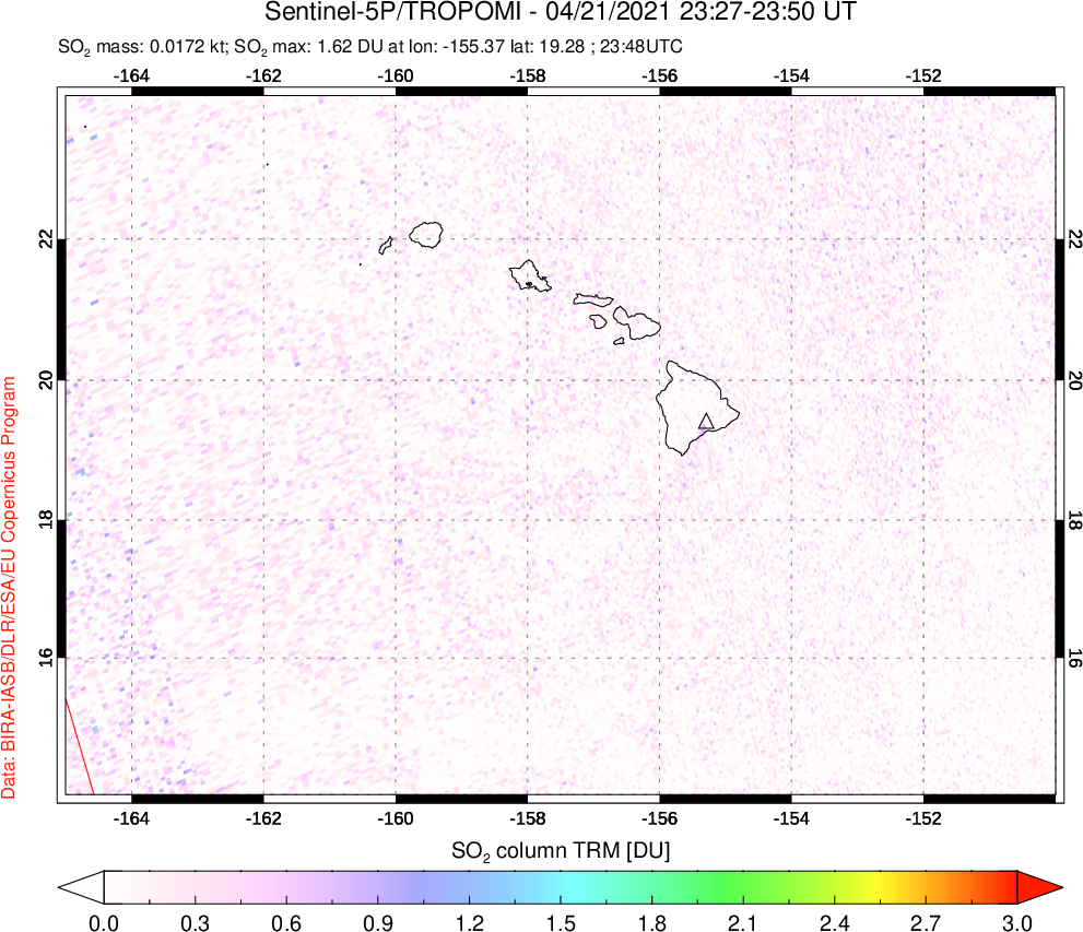 A sulfur dioxide image over Hawaii, USA on Apr 21, 2021.