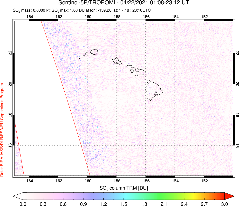 A sulfur dioxide image over Hawaii, USA on Apr 22, 2021.