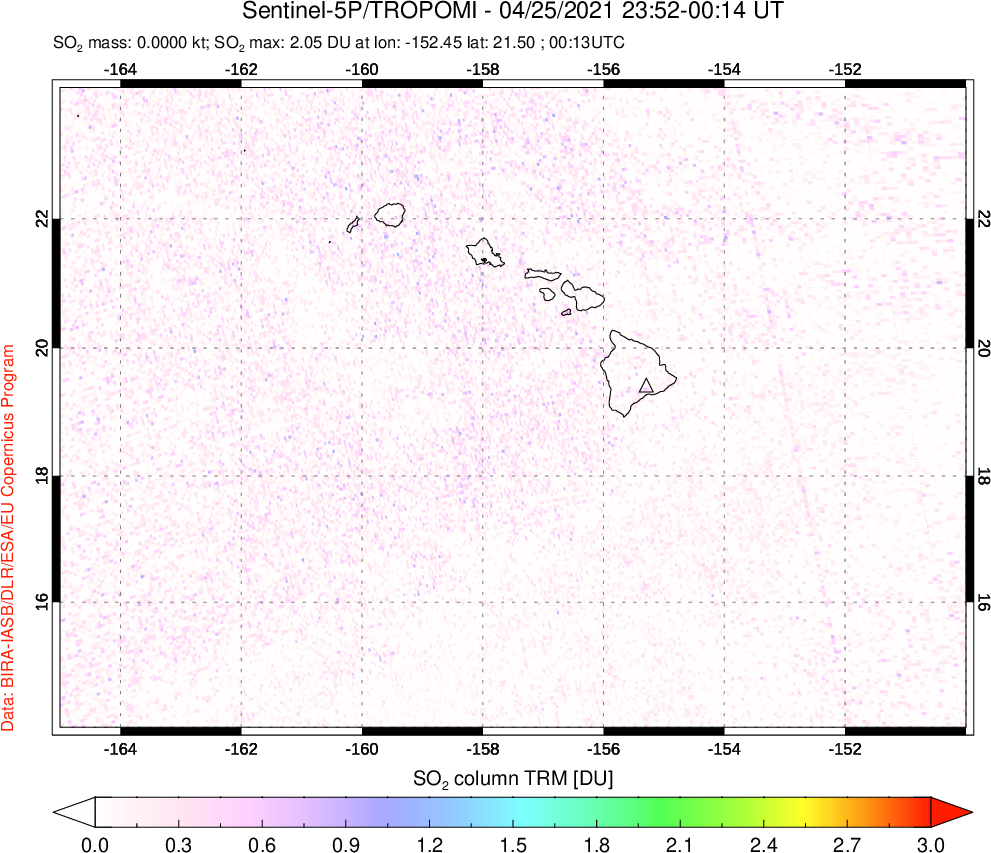 A sulfur dioxide image over Hawaii, USA on Apr 25, 2021.