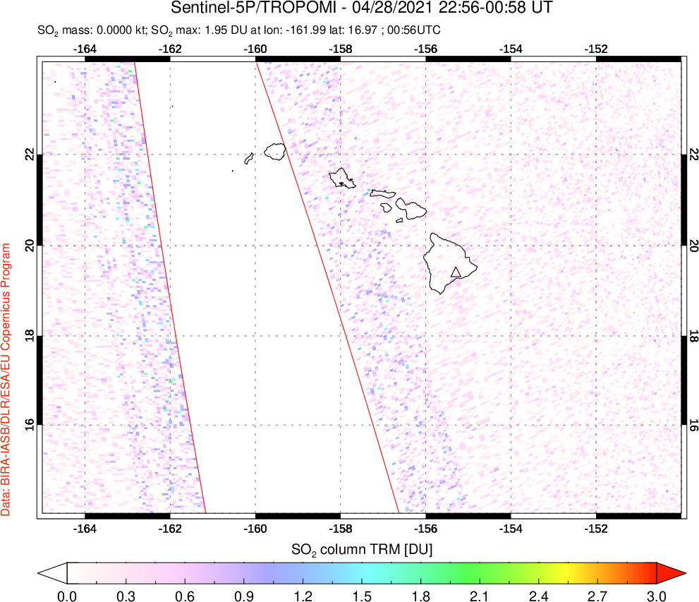 A sulfur dioxide image over Hawaii, USA on Apr 28, 2021.