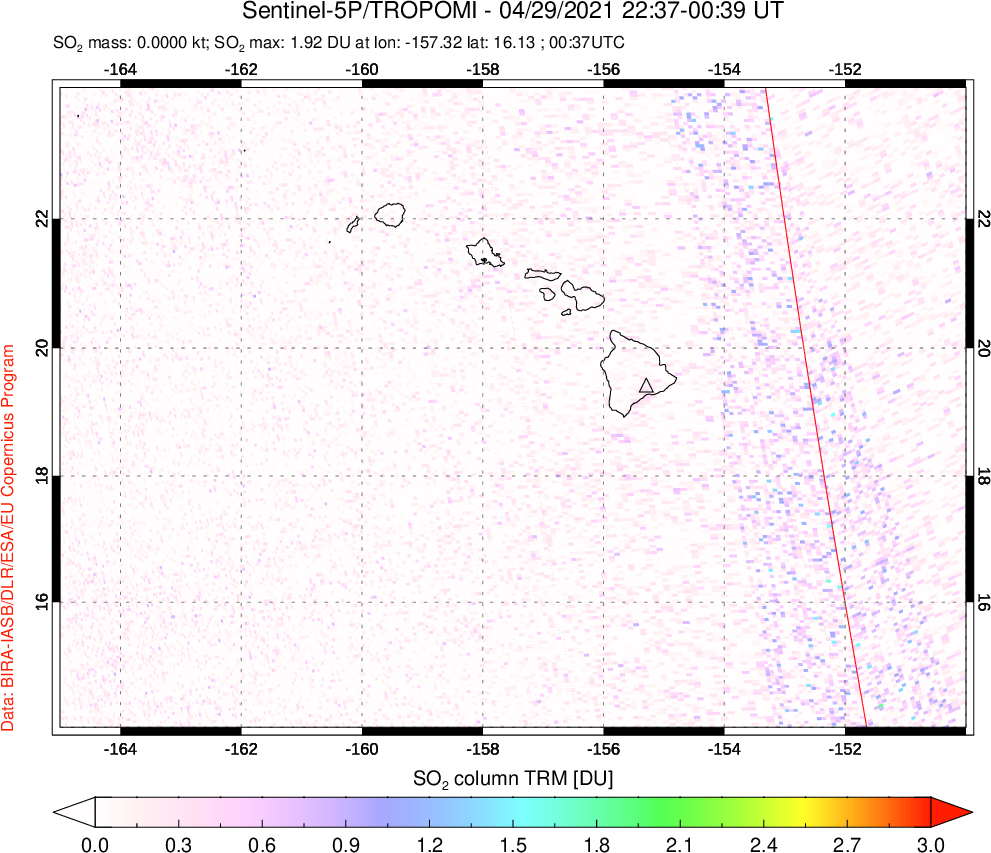 A sulfur dioxide image over Hawaii, USA on Apr 29, 2021.