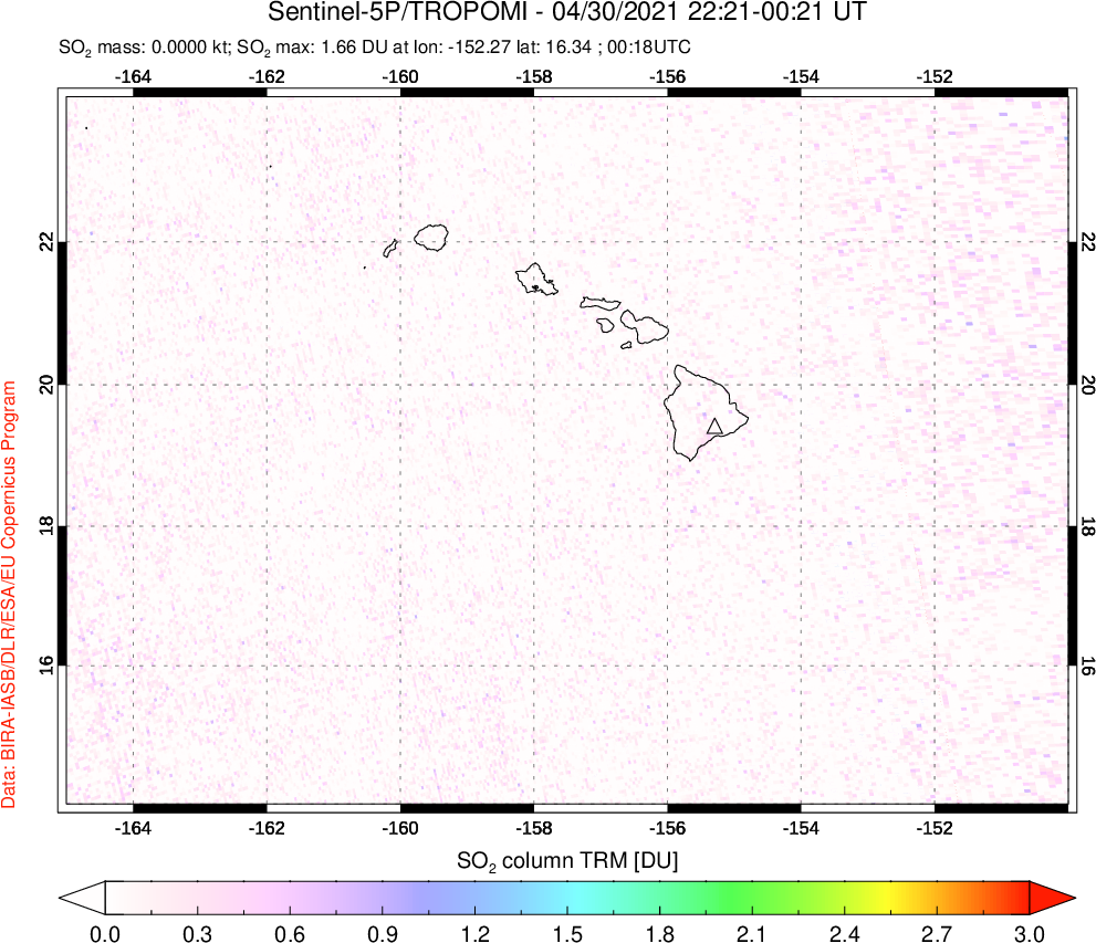 A sulfur dioxide image over Hawaii, USA on Apr 30, 2021.