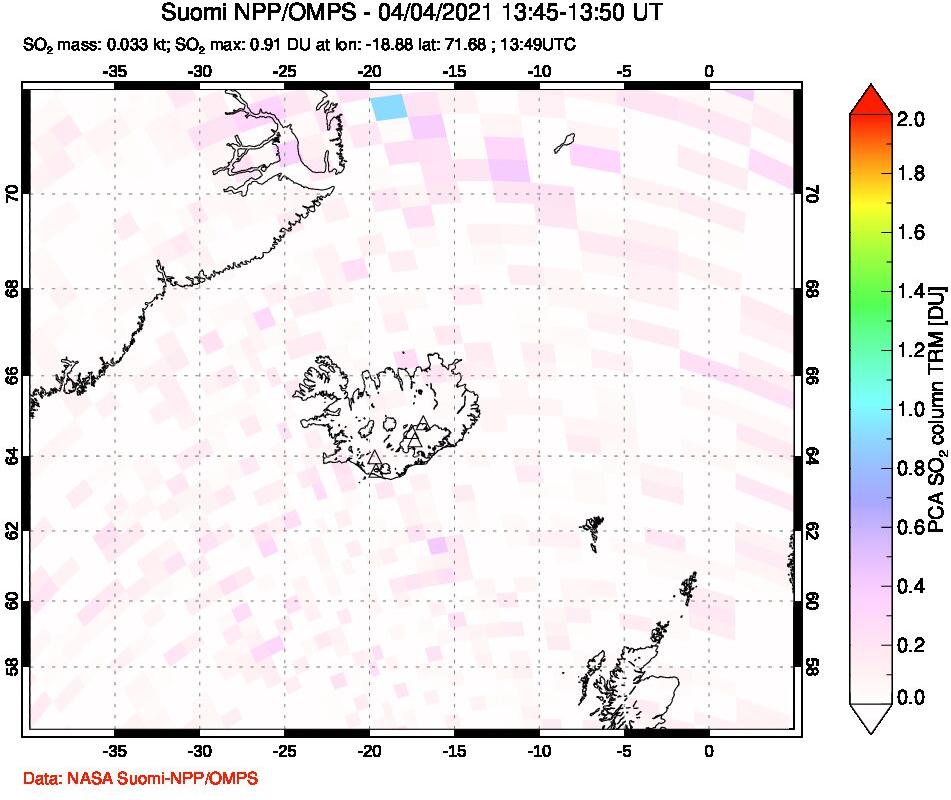 A sulfur dioxide image over Iceland on Apr 04, 2021.