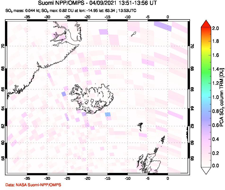 A sulfur dioxide image over Iceland on Apr 09, 2021.