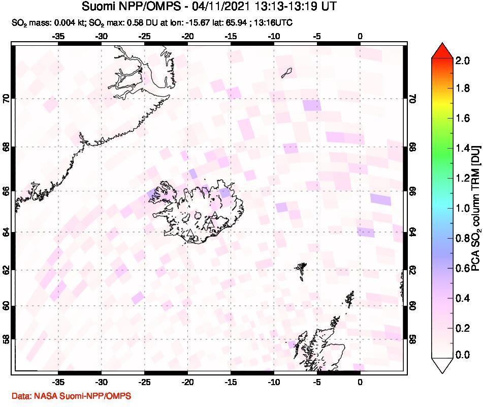 A sulfur dioxide image over Iceland on Apr 11, 2021.