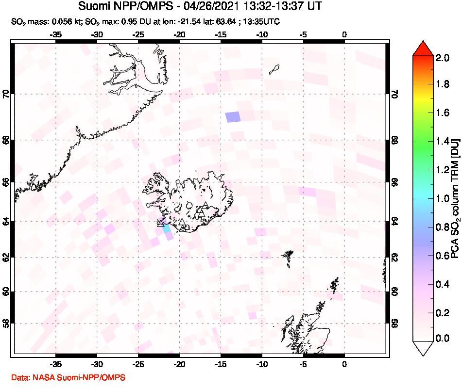 A sulfur dioxide image over Iceland on Apr 26, 2021.