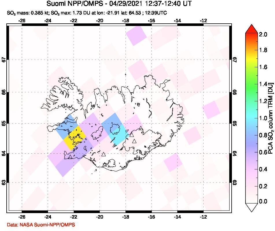 A sulfur dioxide image over Iceland on Apr 29, 2021.