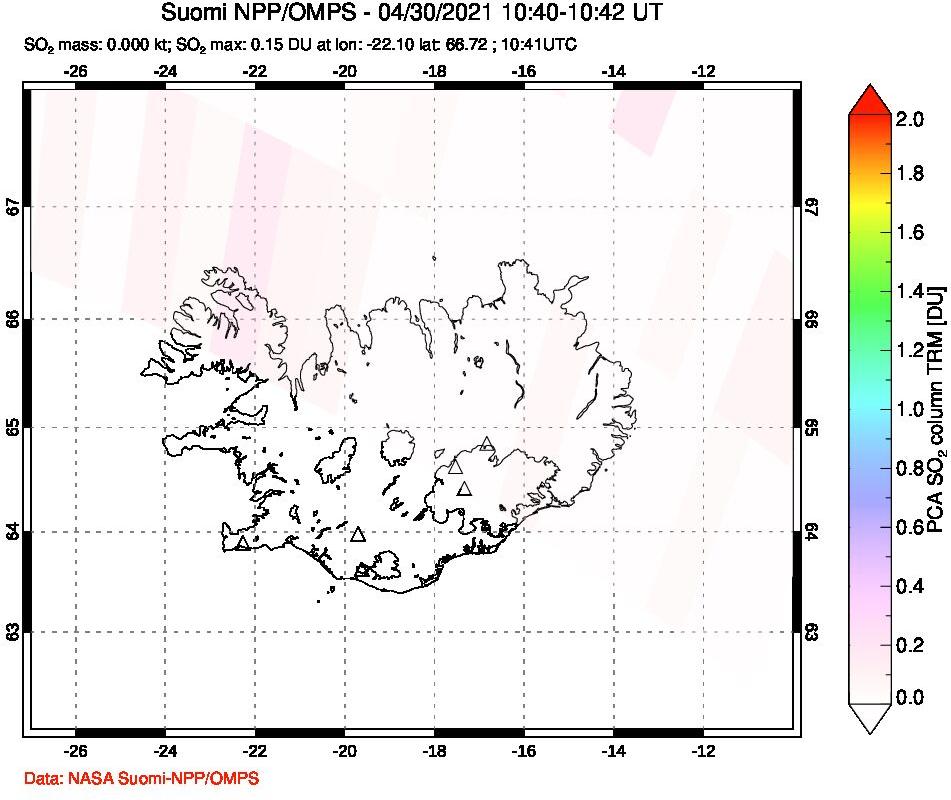 A sulfur dioxide image over Iceland on Apr 30, 2021.