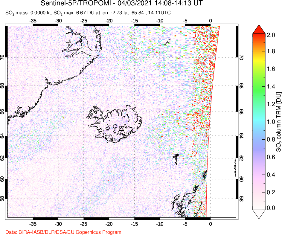A sulfur dioxide image over Iceland on Apr 03, 2021.