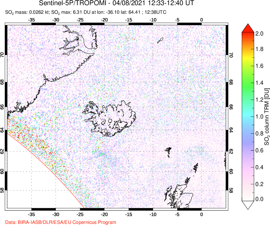 A sulfur dioxide image over Iceland on Apr 08, 2021.