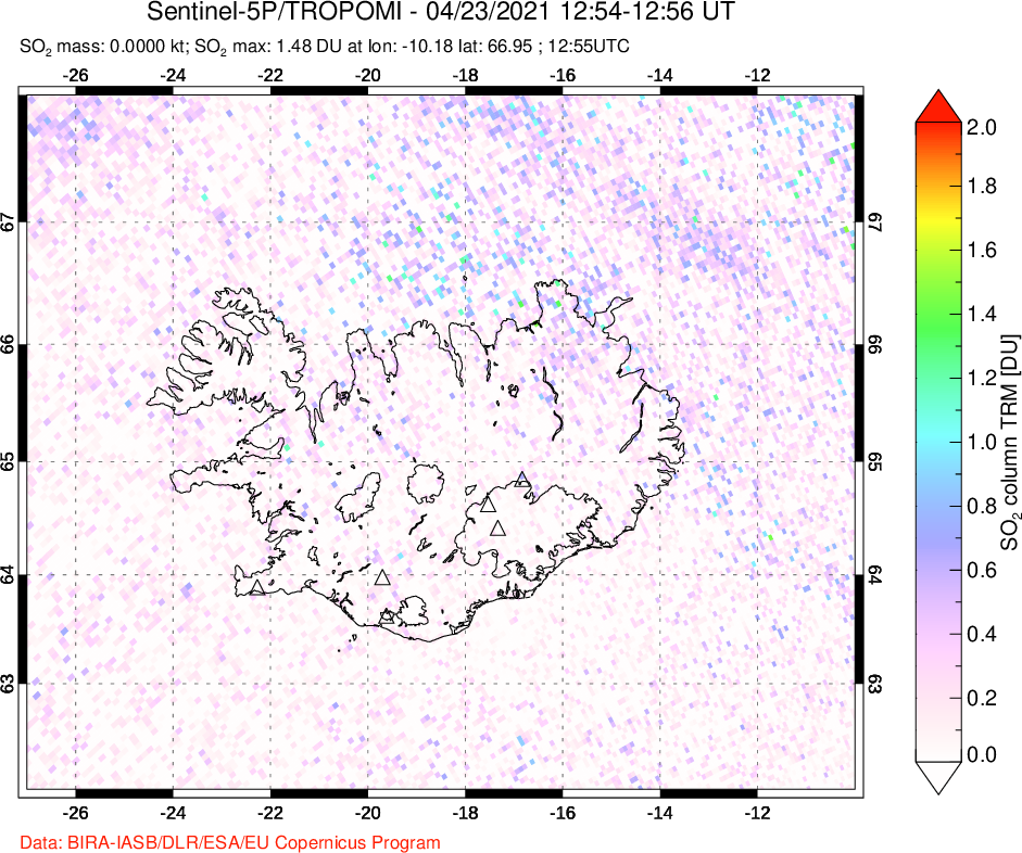 A sulfur dioxide image over Iceland on Apr 23, 2021.