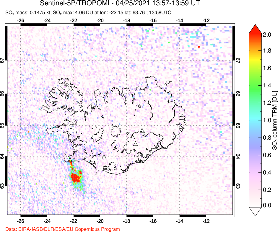 A sulfur dioxide image over Iceland on Apr 25, 2021.