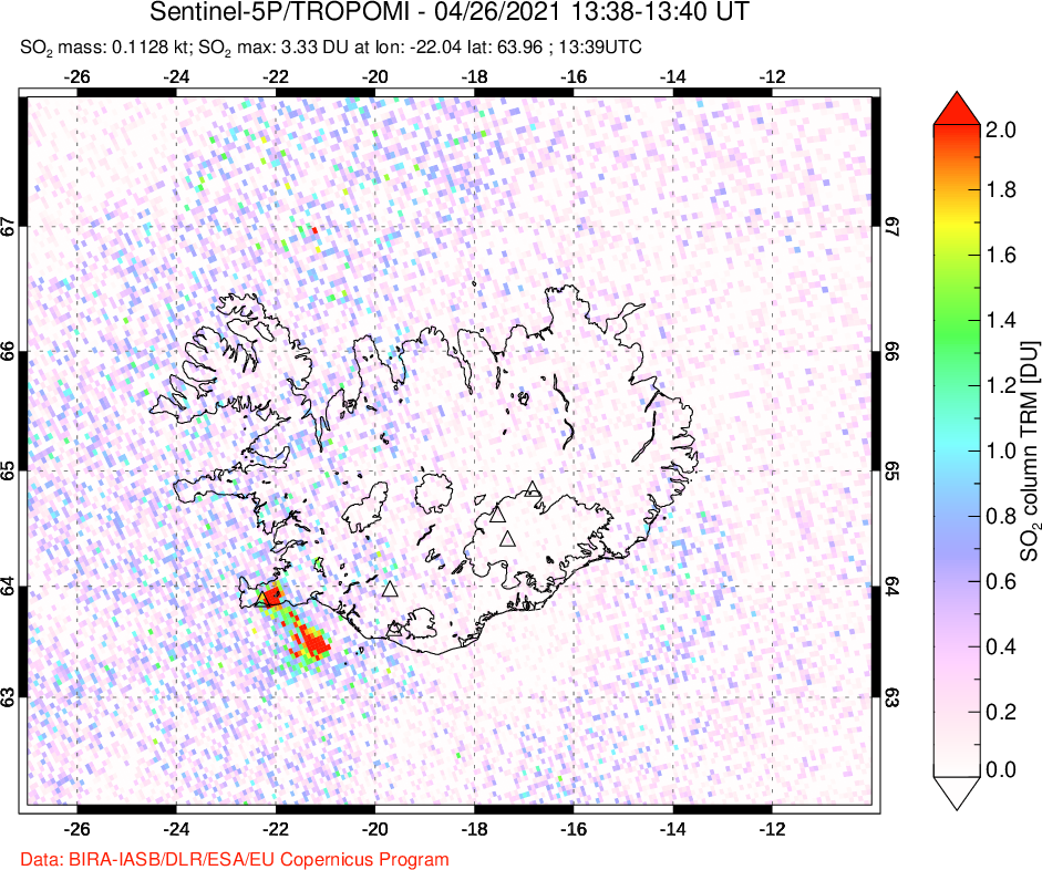 A sulfur dioxide image over Iceland on Apr 26, 2021.