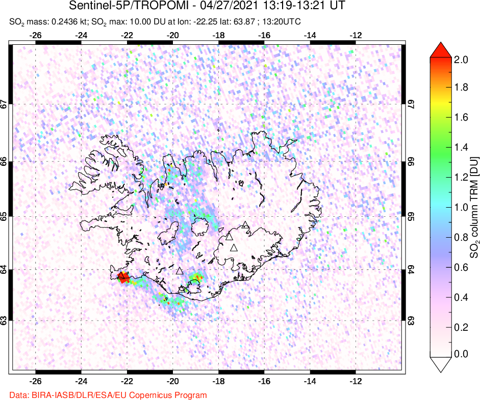 A sulfur dioxide image over Iceland on Apr 27, 2021.
