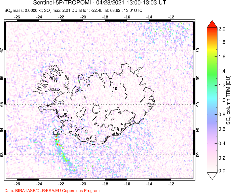A sulfur dioxide image over Iceland on Apr 28, 2021.
