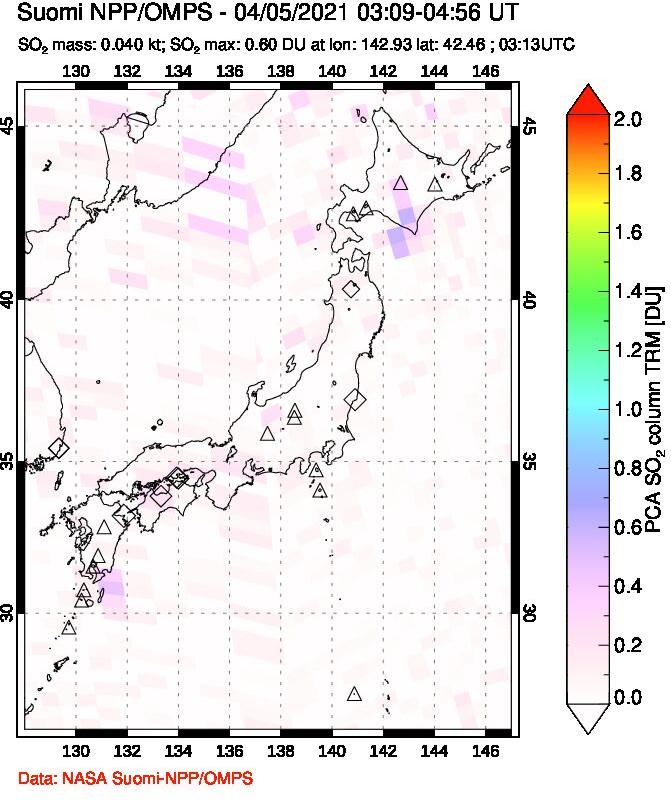 A sulfur dioxide image over Japan on Apr 05, 2021.