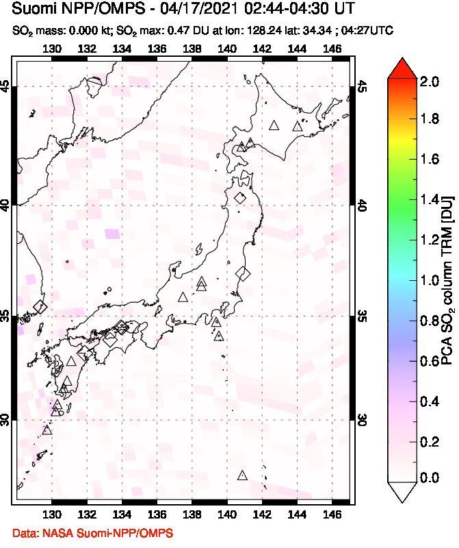 A sulfur dioxide image over Japan on Apr 17, 2021.