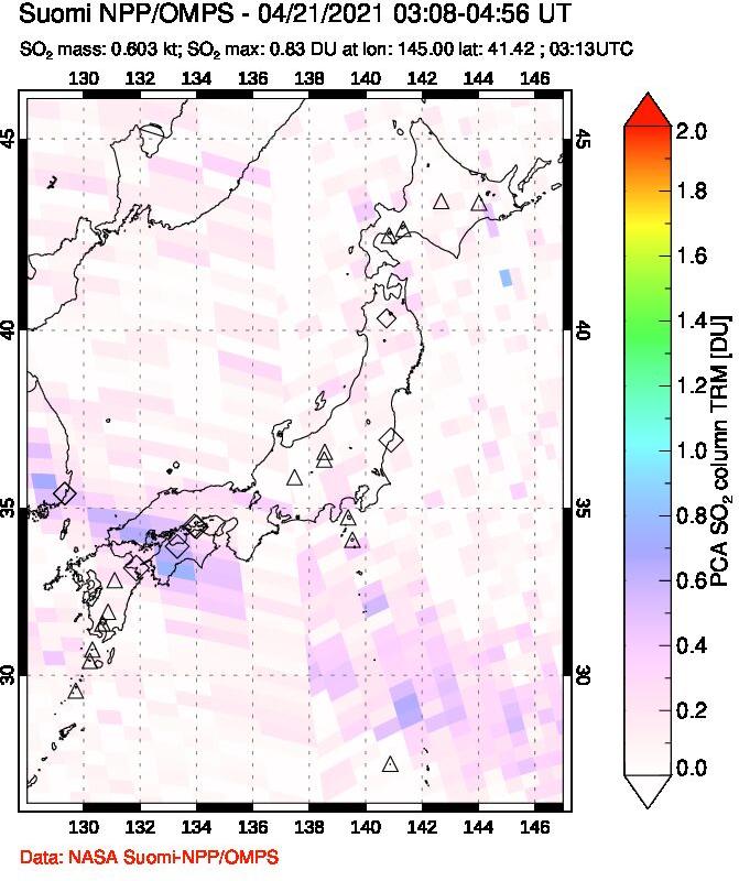 A sulfur dioxide image over Japan on Apr 21, 2021.