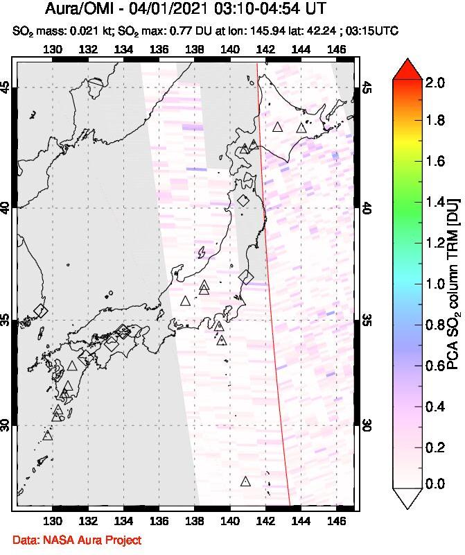 A sulfur dioxide image over Japan on Apr 01, 2021.