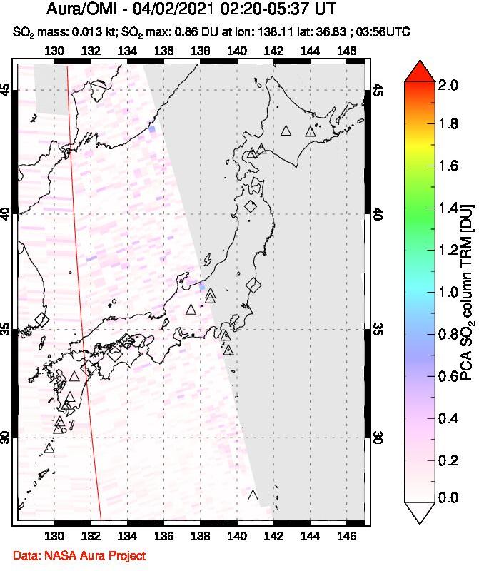 A sulfur dioxide image over Japan on Apr 02, 2021.