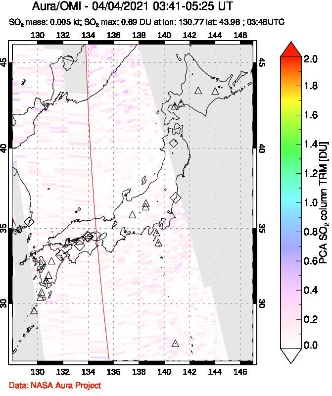 A sulfur dioxide image over Japan on Apr 04, 2021.
