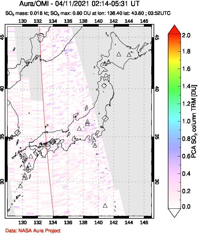 A sulfur dioxide image over Japan on Apr 11, 2021.