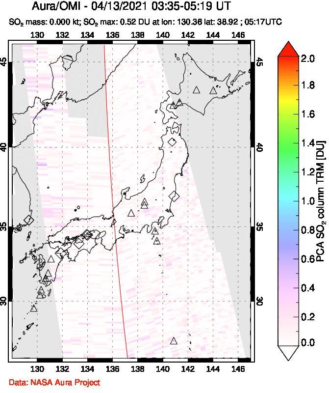 A sulfur dioxide image over Japan on Apr 13, 2021.