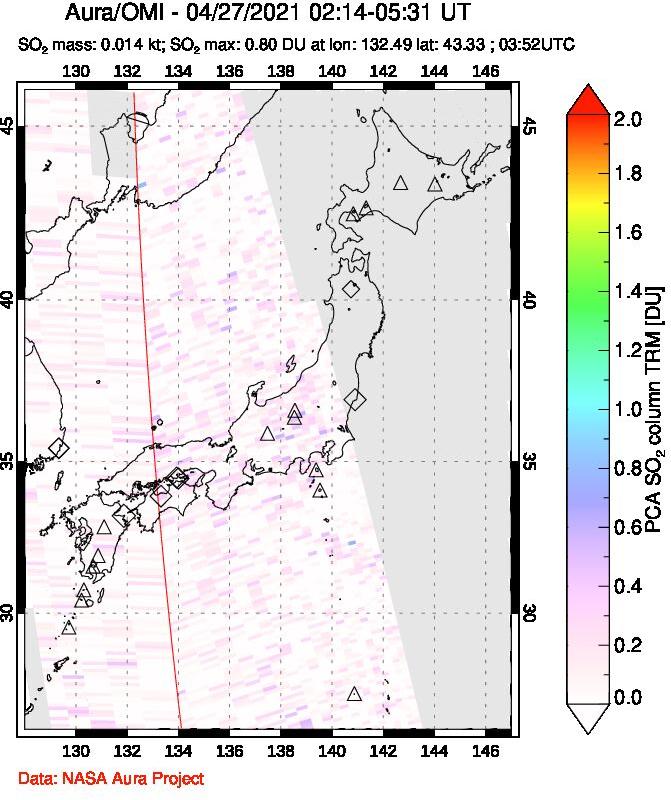 A sulfur dioxide image over Japan on Apr 27, 2021.