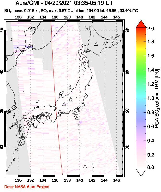 A sulfur dioxide image over Japan on Apr 29, 2021.