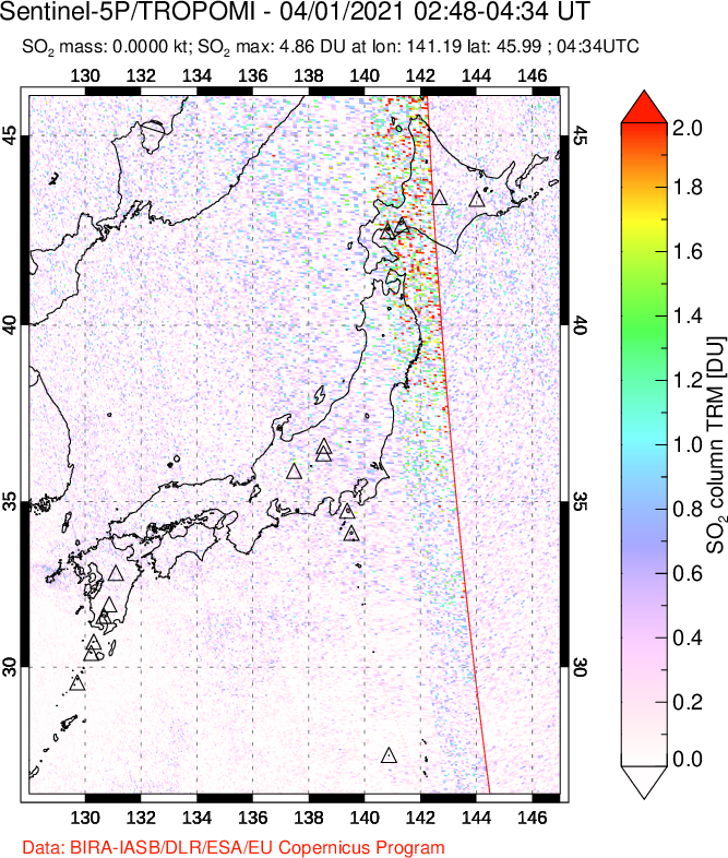 A sulfur dioxide image over Japan on Apr 01, 2021.
