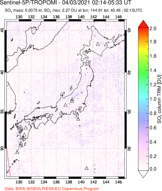 A sulfur dioxide image over Japan on Apr 03, 2021.