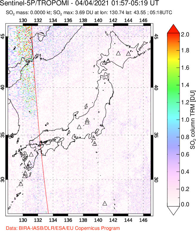 A sulfur dioxide image over Japan on Apr 04, 2021.