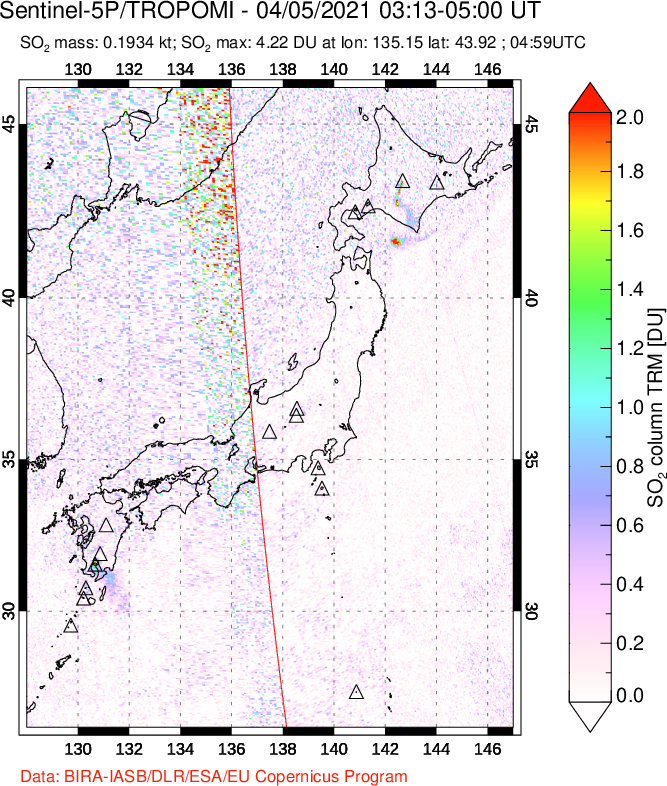 A sulfur dioxide image over Japan on Apr 05, 2021.