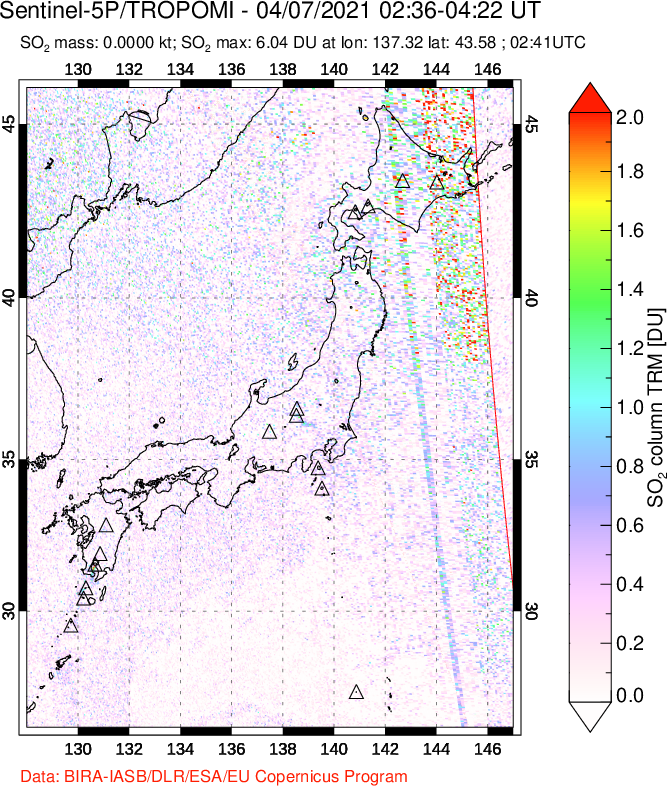 A sulfur dioxide image over Japan on Apr 07, 2021.