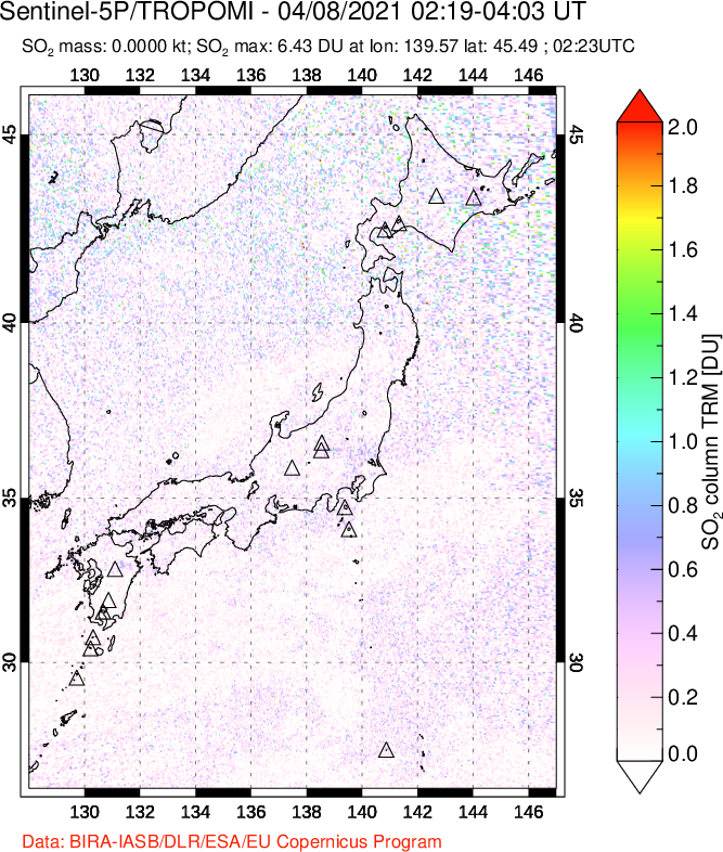 A sulfur dioxide image over Japan on Apr 08, 2021.