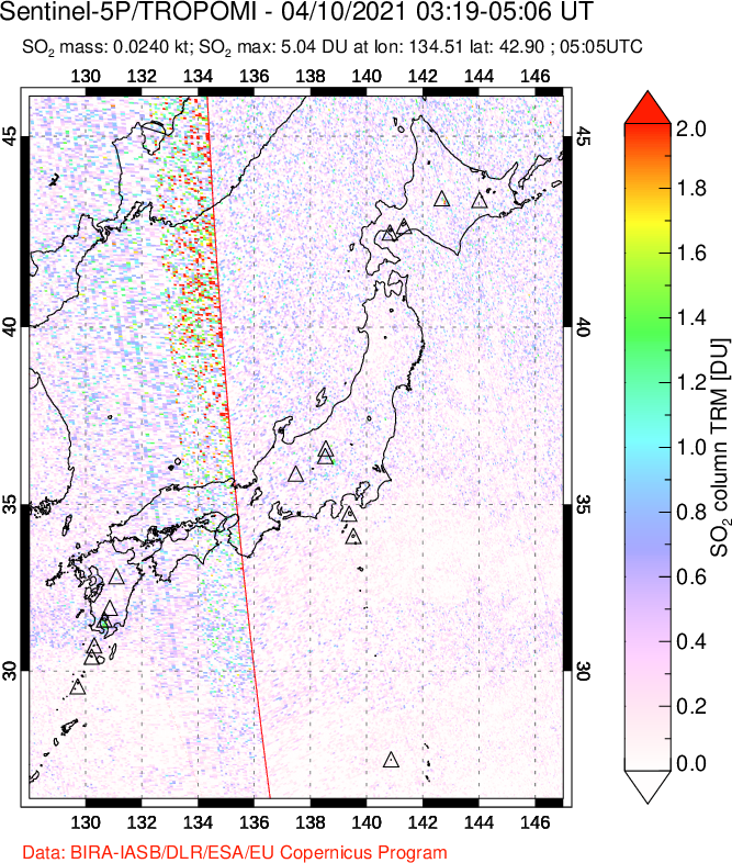 A sulfur dioxide image over Japan on Apr 10, 2021.
