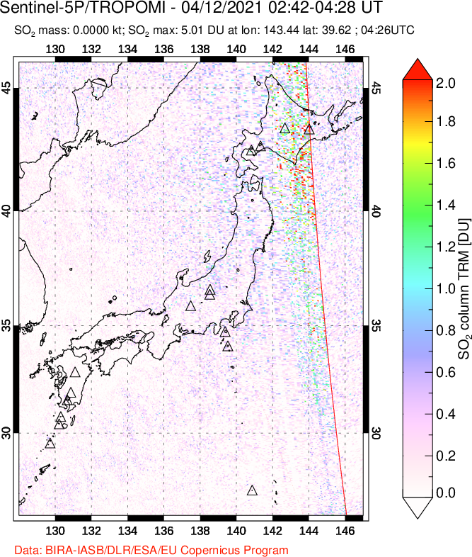 A sulfur dioxide image over Japan on Apr 12, 2021.