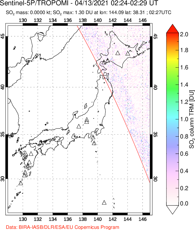 A sulfur dioxide image over Japan on Apr 13, 2021.