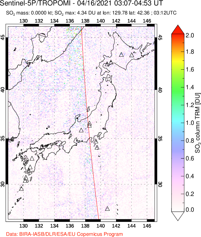 A sulfur dioxide image over Japan on Apr 16, 2021.