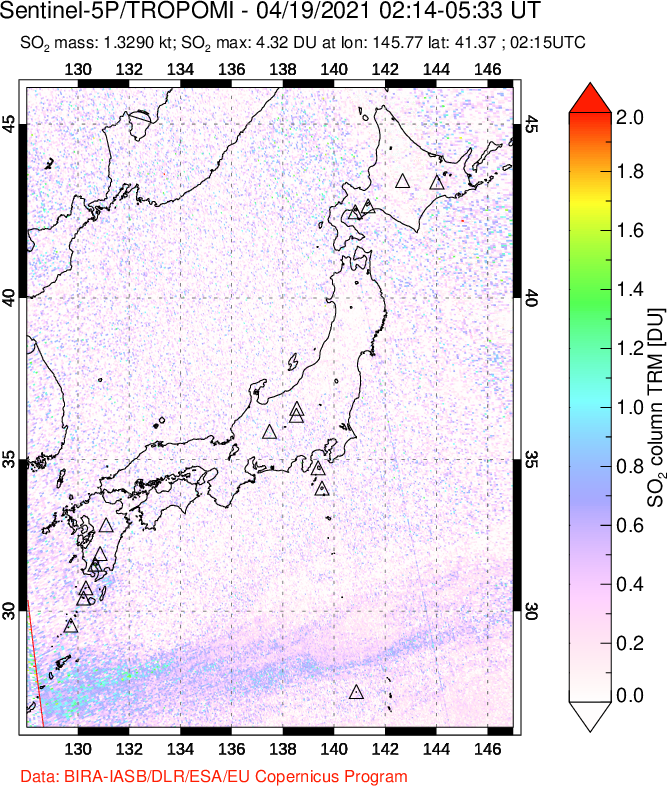 A sulfur dioxide image over Japan on Apr 19, 2021.