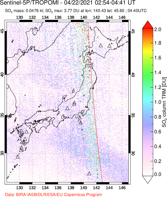 A sulfur dioxide image over Japan on Apr 22, 2021.