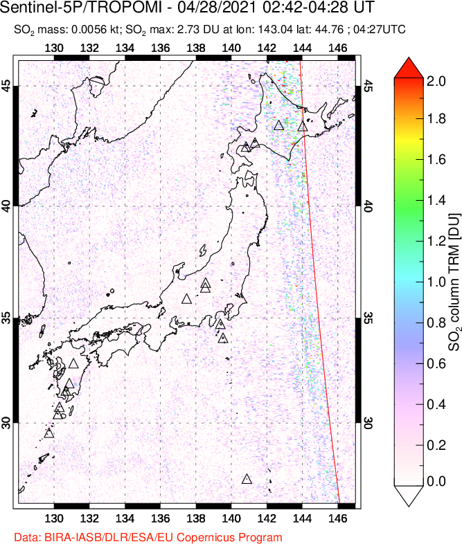A sulfur dioxide image over Japan on Apr 28, 2021.