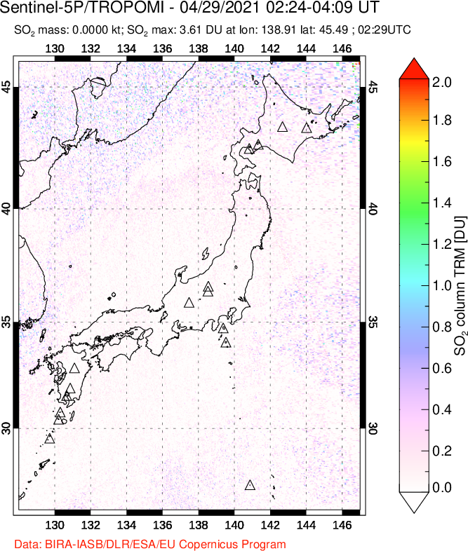 A sulfur dioxide image over Japan on Apr 29, 2021.