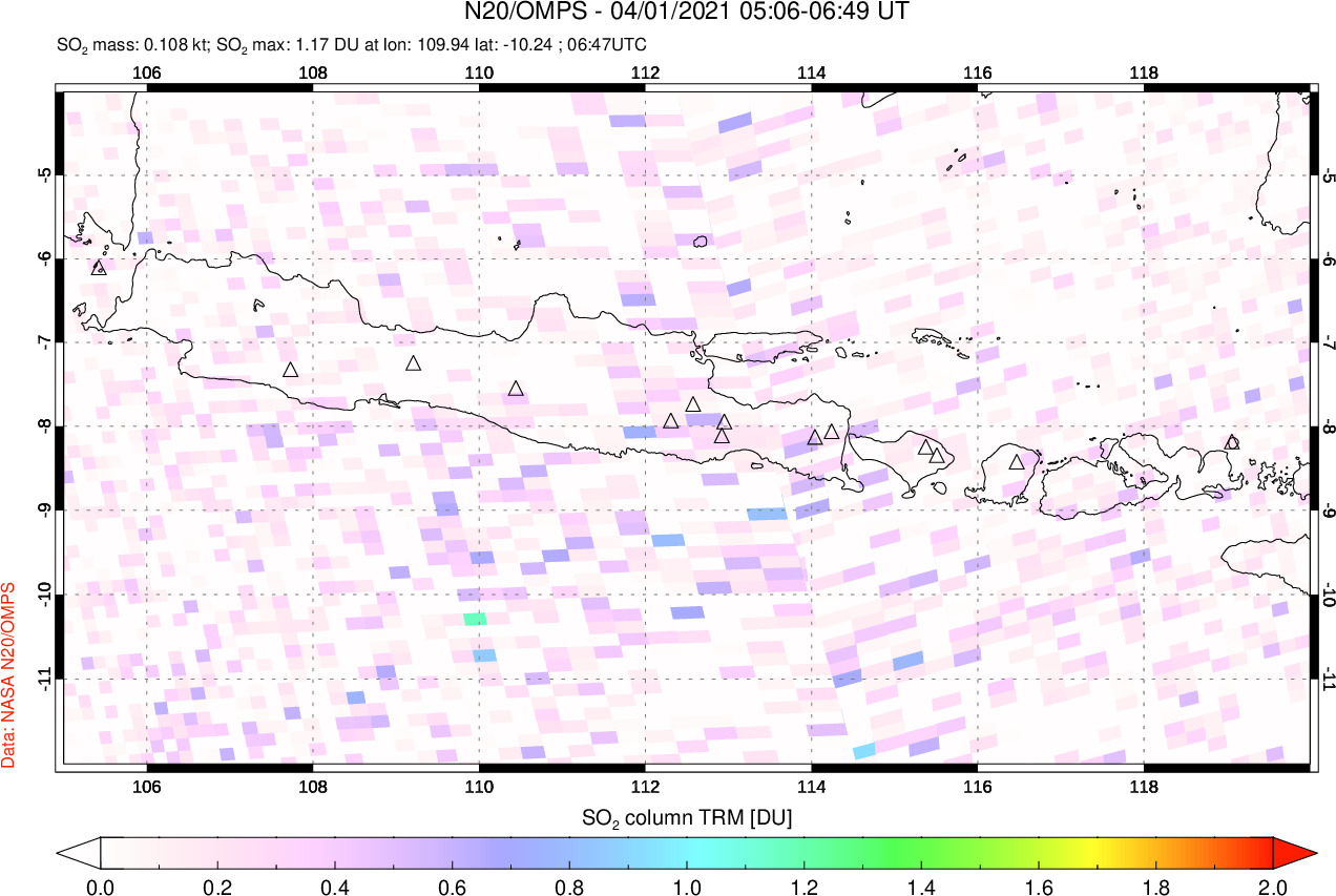 A sulfur dioxide image over Java, Indonesia on Apr 01, 2021.