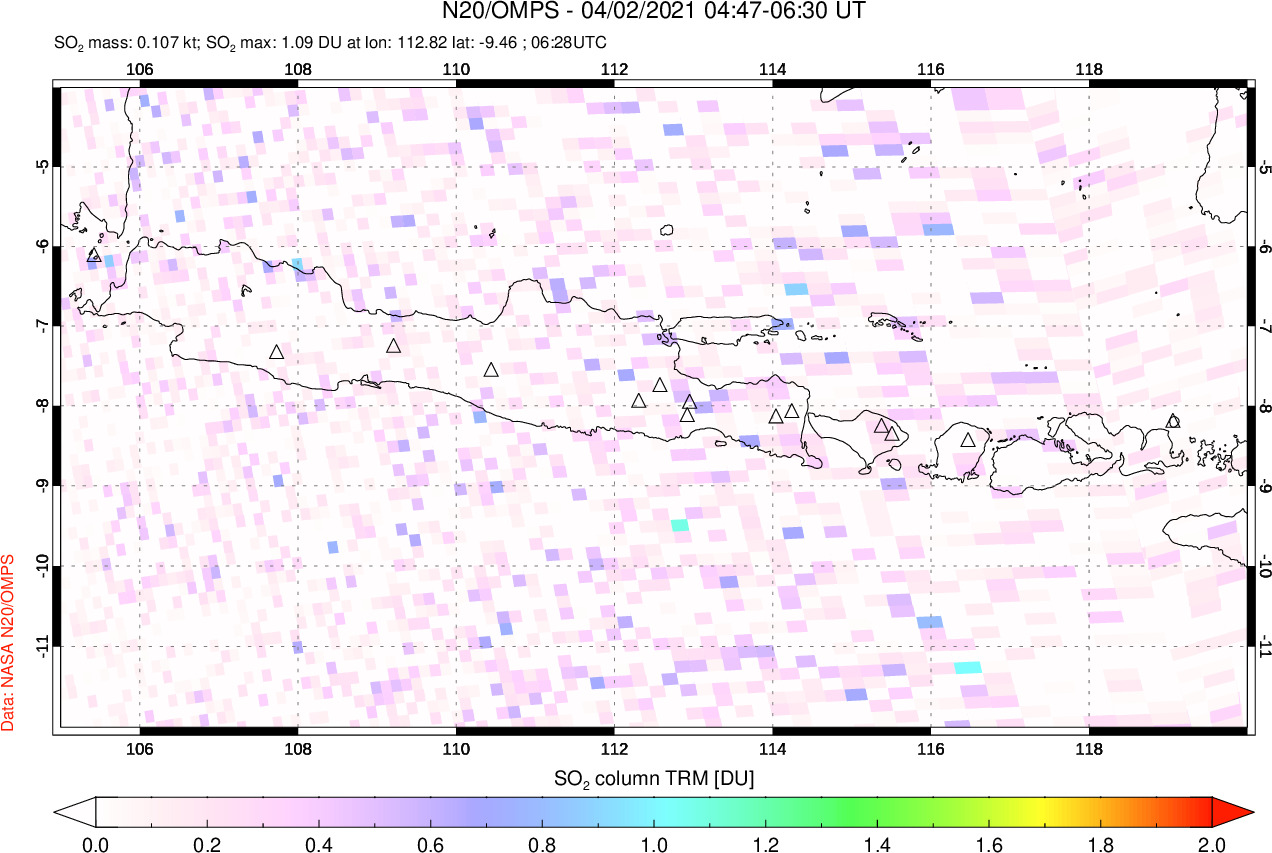 A sulfur dioxide image over Java, Indonesia on Apr 02, 2021.