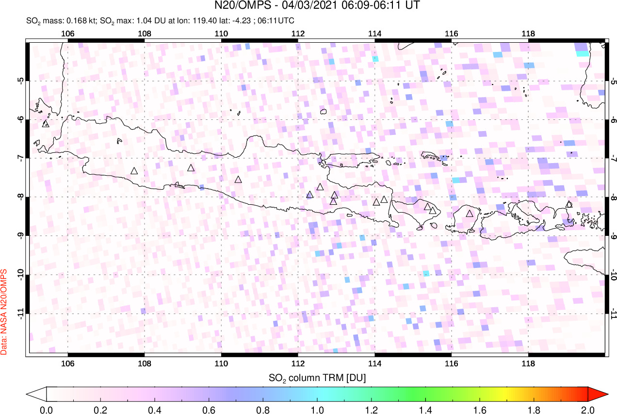 A sulfur dioxide image over Java, Indonesia on Apr 03, 2021.