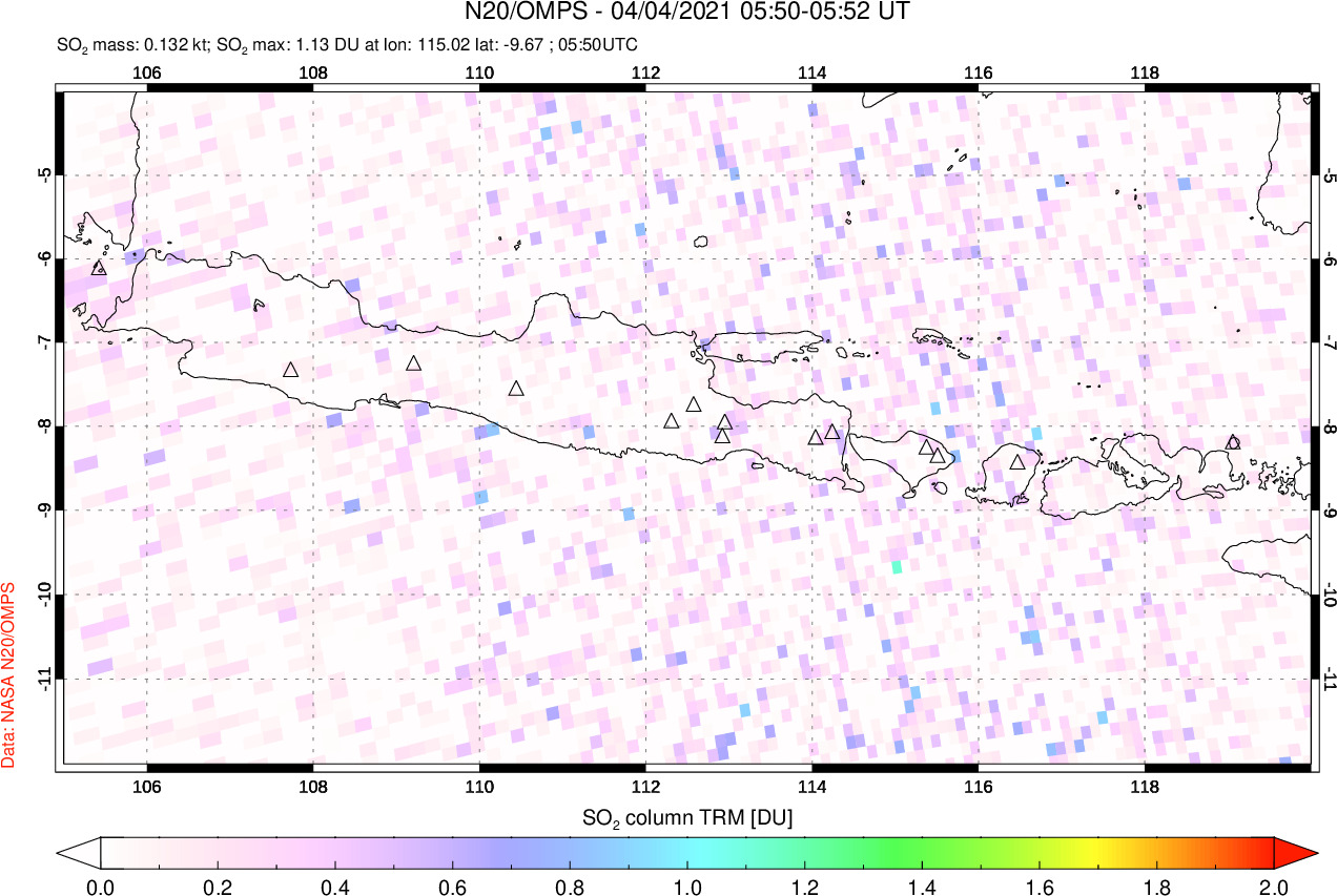A sulfur dioxide image over Java, Indonesia on Apr 04, 2021.